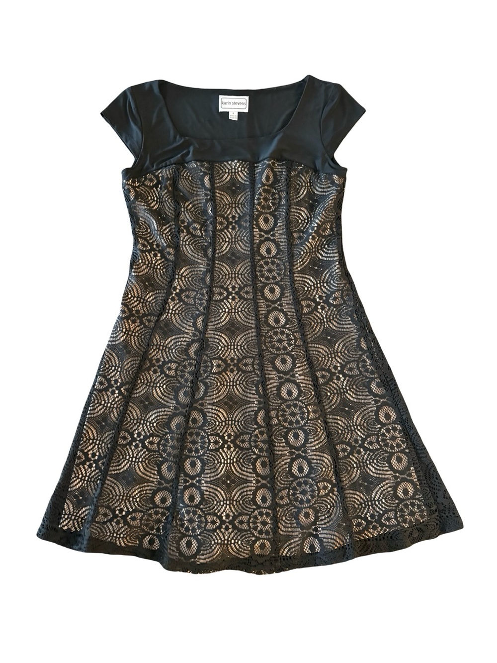 Karin Stevens Black Lace Overlay Dress with Nude Lining Size 6